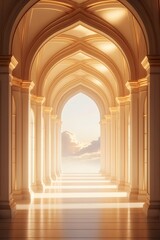 Obraz premium A breathtaking architectural masterpiece featuring grand golden arches, soft glowing light, and an open palace corridor leading to a serene landscape, symbolizing luxury, elegance, and timeless beauty