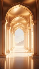 Fototapeta premium A breathtaking architectural masterpiece featuring grand golden arches, soft glowing light, and an open palace corridor leading to a serene landscape, symbolizing luxury, elegance, and timeless beauty