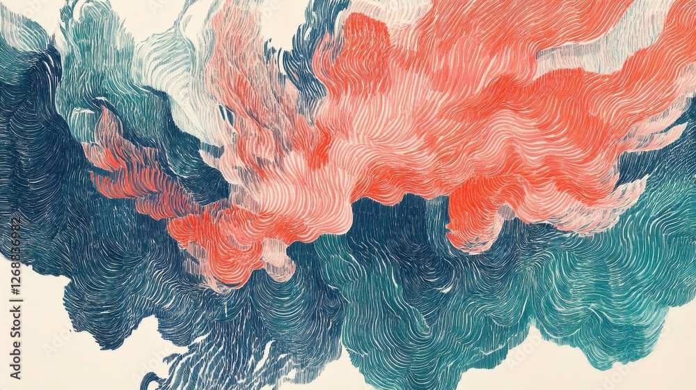 Poster Abstract pencil strokes create a blend of coral and teal in a fluid design that evokes dynamic movement and depth