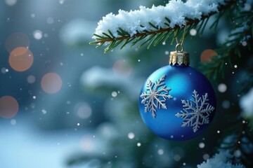 Shiny blue ornament hangs from snowflakes on a tree, hanger, icy