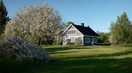 Obraz premium Springtime home surrounded by lush greenery and blooming trees, embodying serene natural beauty.