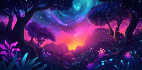 A fantastical forest under a vibrant cosmic sky emerges at night