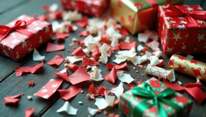 Obraz premium Shredded Christmas paper scattered on a table, destroyed gift wrap, shredded wrapping paper, holiday chaos