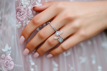 Intricate silver rings accent a womans hand adorned with delicate embroidery in a sheer dusty rose gown under soft moody lighting