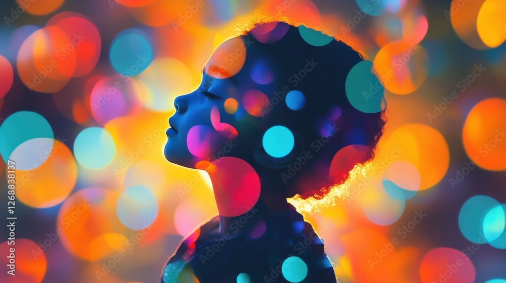 Aufkleber Vibrant visualization of a glowing child surrounded by colorful bokeh lights in a celebratory atmosphere
