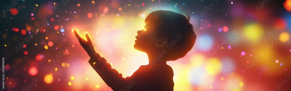 Fototapete child joyfully reaching out to colorful lights in a dazzling display of imagination and wonder