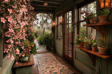 Fototapeta premium Serene Southern Porch with Blooming Flowers and Potted Plants