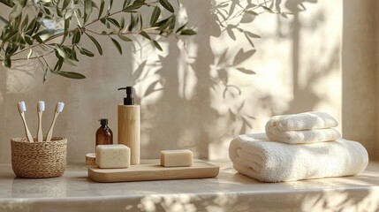 Serene Bathroom Setting with Natural Skincare Products and Soft Towels Bathed in Sunlight