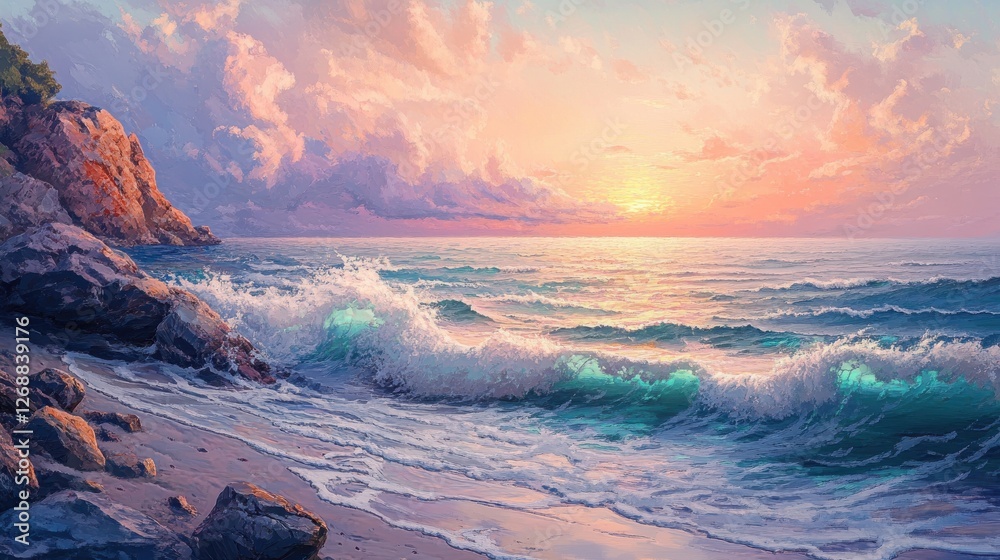 Poster tranquil spring morning at a rocky seaside with gentle waves and colorful sky