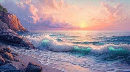 Naklejka premium Tranquil spring morning at a rocky seaside with gentle waves and colorful sky