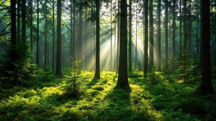 Fototapeta premium A serene forest scene illuminated by sunlight filtering through tall trees, surrounded by lush greenery and a tranquil atmosphere.