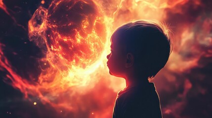 Surreal silhouette of a child gazing at a cosmic explosion during a vibrant celestial event