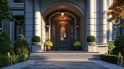 Luxury house entrance under a clear blue sky, showcasing elegance and tranquility in a serene outdoor setting.