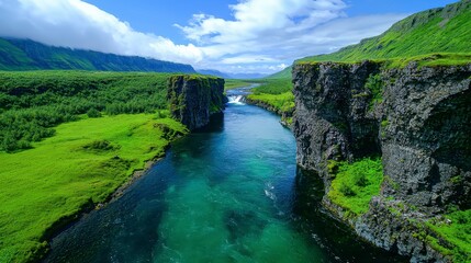 River flowing through lush green valley and mulagjufur canyon scenic landscape view