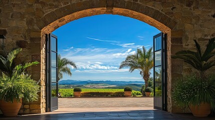 Obraz premium Luxury house entrance under a clear blue sky, showcasing elegance and tranquility in a serene outdoor setting.