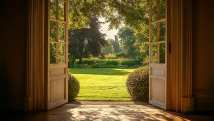 Obraz premium Open French doors reveal sunlit garden