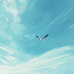 Obraz premium A lone seagull soars across a painted azure sky