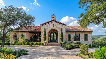 Naklejka premium Luxury house entrance under a clear blue sky, showcasing elegance and tranquility in a serene outdoor setting.