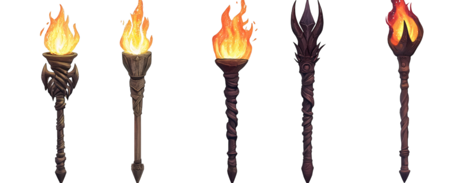 Set of five decorative flaming torches with intricate designs