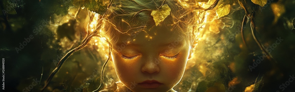 Aufkleber Surreal portrait of a glowing child in a magical forest setting with ethereal light and natural elements