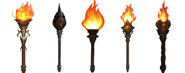 Set of five burning torches with intricate designs and flames