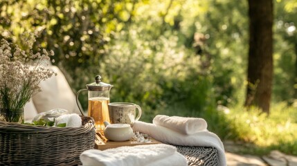 Fototapeta premium Spring-inspired relaxation setup featuring herbal tea and spa essentials in a serene outdoor environment