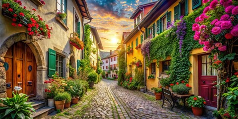 Naklejka premium Charming Cobblestone Alleyway: Colorful European Town Double Exposure Stock Photo