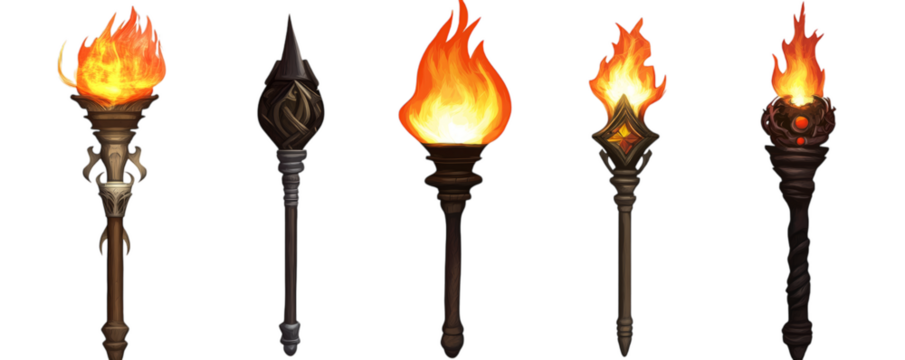 Set of five burning torches with intricate designs and flames - Powered by Adobe