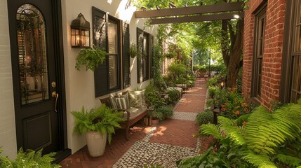 Fototapeta premium Charming Brick Pathway Garden Entrance to Cozy Home