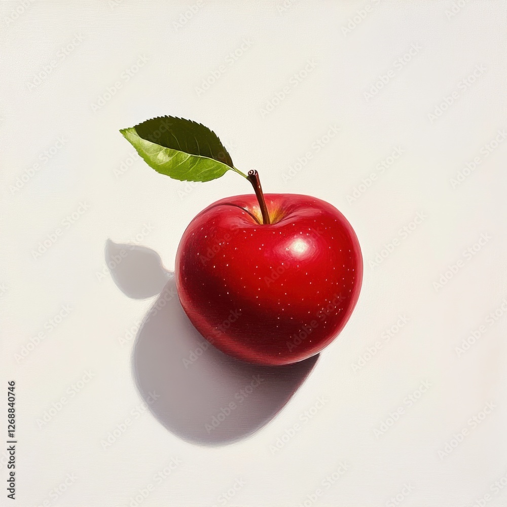 Poster bright red apple resting on a light background with a glossy surface and vibrant green leaf