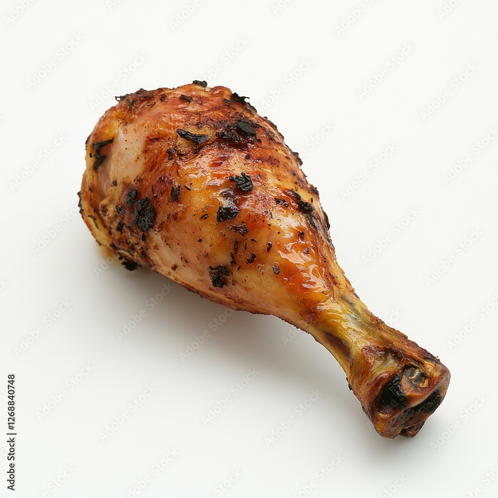Poster crispy roasted chicken drumstick served on a simple white background for highlighting its flavor and