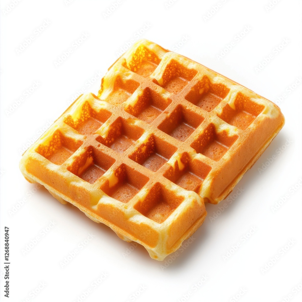 Poster Golden waffle with deep squares showcasing its texture and warmth on a plain background, ready for toppings