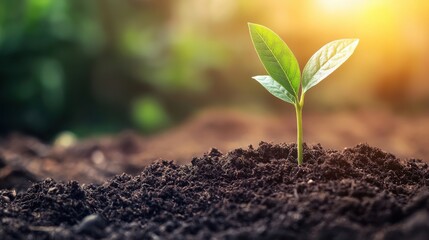 A small green seedling emerges from dark soil, illuminated by warm sunlight, symbolizing growth and new beginnings.