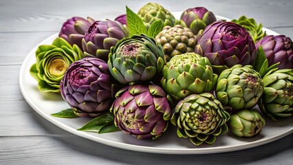 Obraz premium Assorted Fresh Artichokes and Vegetables on White Plate Display