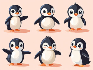 Naklejka premium Cute cartoon penguins in playful poses on a soft background
