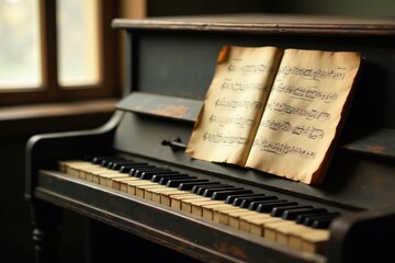 A vintage upright piano with aged sheet music rests upon its keys, a testament to time-honored melodies and musical heritage