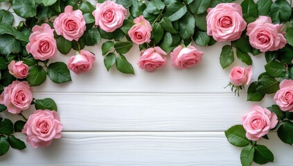 Soft pink roses and fresh green leaves in minimalist floral border for wedding stationery, social media posts, and spring-themed event promotional designs.