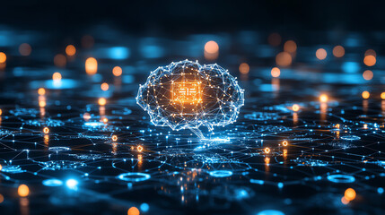 Digital Brain Network Global Data Cloud Computing web blue mesh nodes 