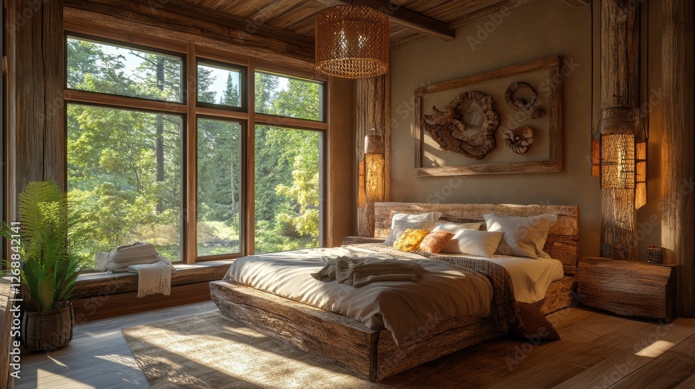 Poster rustic bedroom featuring wooden carvings and a serene forest view in a tranquil retreat setting