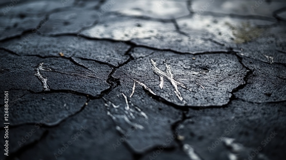 Poster Detailed view of a rugged concrete surface showing deep charcoal color and intricate cracks, ideal for urban exploration and design inspiration