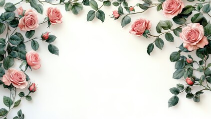 Elegant spring wedding floral border with pink roses and green leaves on clean white background, ideal for invitations, website headers, and romantic branding materials.