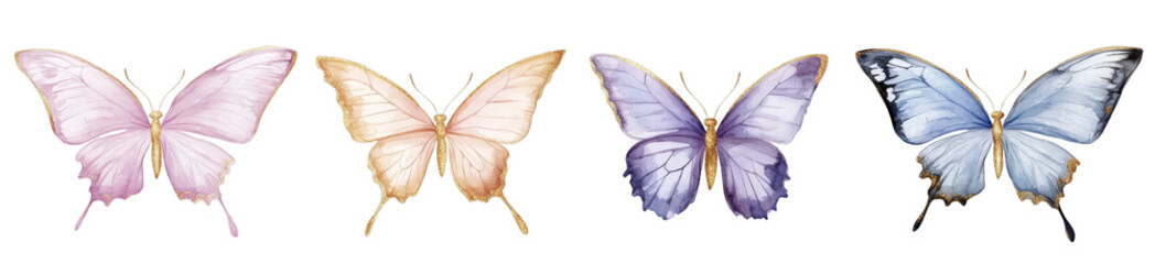 Obraz premium Four colorful butterflies with pink, peach, purple, and blue wings