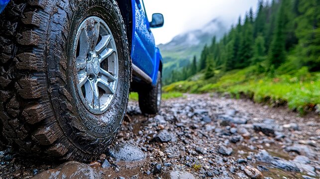 Blue truck driving on a rocky off-road trail surrounded by trees in a rugged mountain landscape