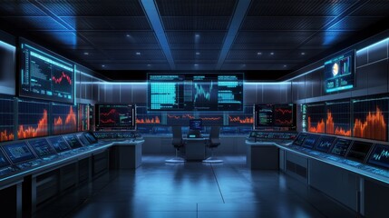 Professional visualization of AI-enhanced analytics in a modern control room during nighttime