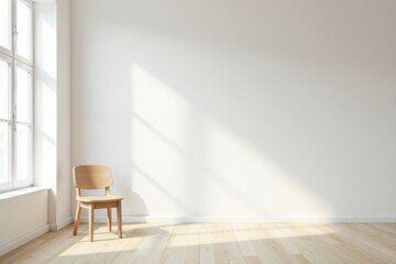 Fototapeta premium A Light Wooden Chair in a Sunlit Room with a White Wall and Light Wood Floor