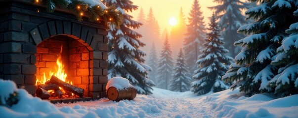 Fototapeta premium soft golden light falls on snow-covered evergreen trees beside a crackling fire, winter wonderland, serene scene