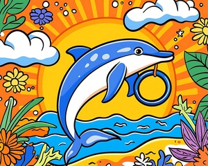 Obraz premium Playful Dolphin with Lifebuoy in Vivid Summer Landscape Art