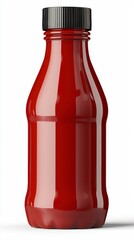 Red plastic ketchup bottle with black lid and no label isolated on white background for food and condiment use
