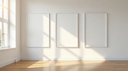 Obraz premium Sunlit Room Interior with Three Empty White Frames Ready for Artwork or Photographs