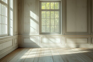 Obraz premium A sunlit corner of an elegant room with large windows, showcasing wooden floors and soft shadows creating a serene atmosphere.